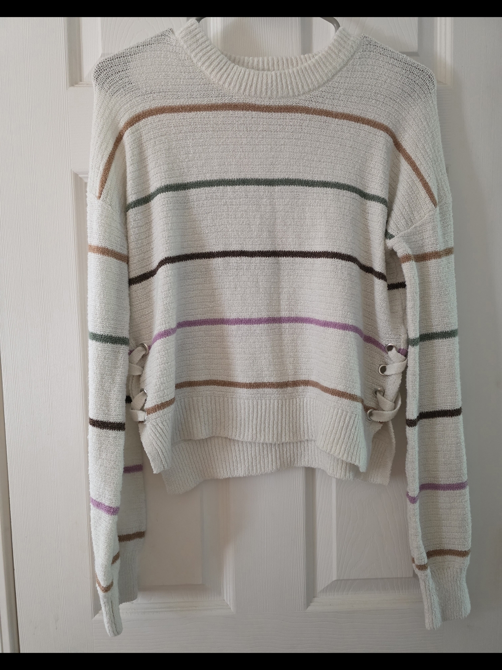 SO Cream Striped Crewneck Sweater with Lace-Up Sides